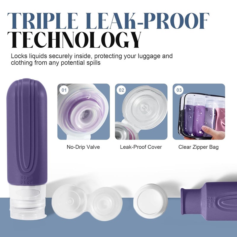 YIIMER Travel Bottles for Toiletries, 3oz TSA Approved Travel Size Toiletries, Silicone Leak-Proof Refillable Containers, Squeezable Liquid Essentials Bottles W/Clear Bag (PURPLE) - Image 4